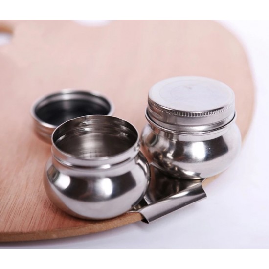 Stainless Steel Drum Painting Palette Oil Paint Pot Double Hole Dipper Easy Clean